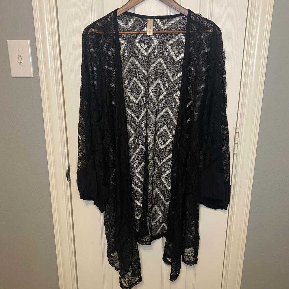 Cacique Womens 18 20 Kimono Cardigan Duster Black Lace Sheer Cover Up Open Front